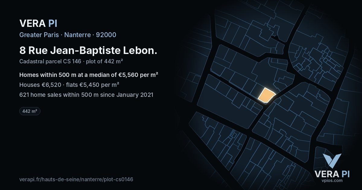 8 Rue Jean-Baptiste Lebon, Nanterre at night – the plot lit, the parcels around coloured by the prices near them