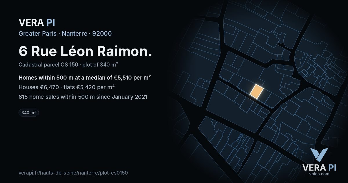 6 Rue Léon Raimon, Nanterre at night – the plot lit, the parcels around coloured by the prices near them