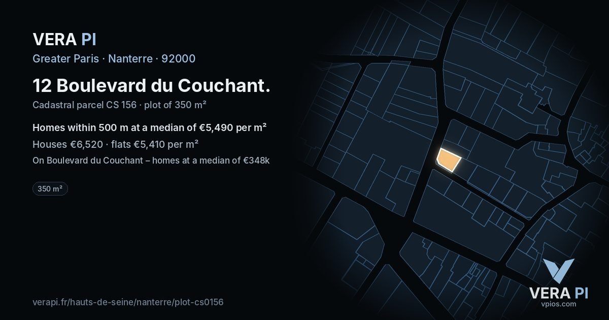 12 Boulevard du Couchant, Nanterre at night – the plot lit, the parcels around coloured by the prices near them