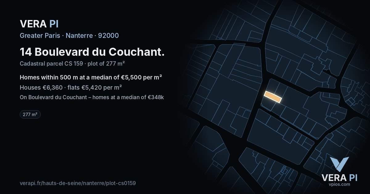 14 Boulevard du Couchant, Nanterre at night – the plot lit, the parcels around coloured by the prices near them