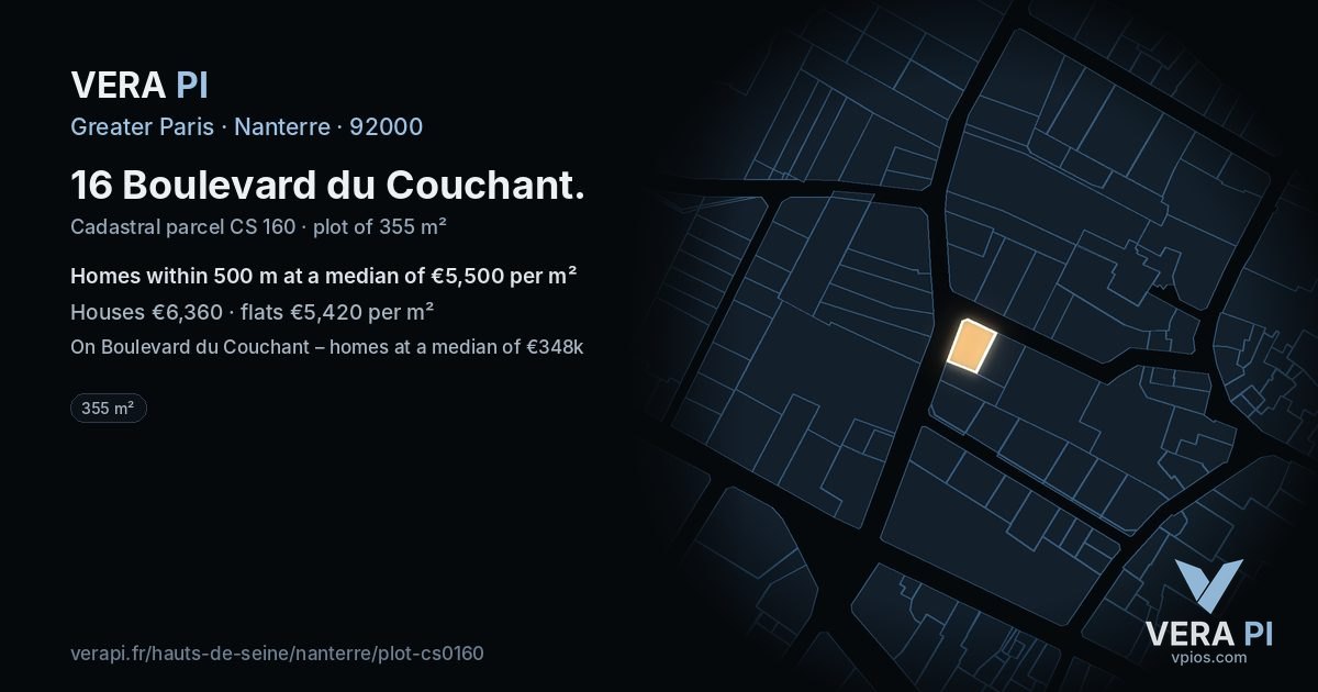 16 Boulevard du Couchant, Nanterre at night – the plot lit, the parcels around coloured by the prices near them