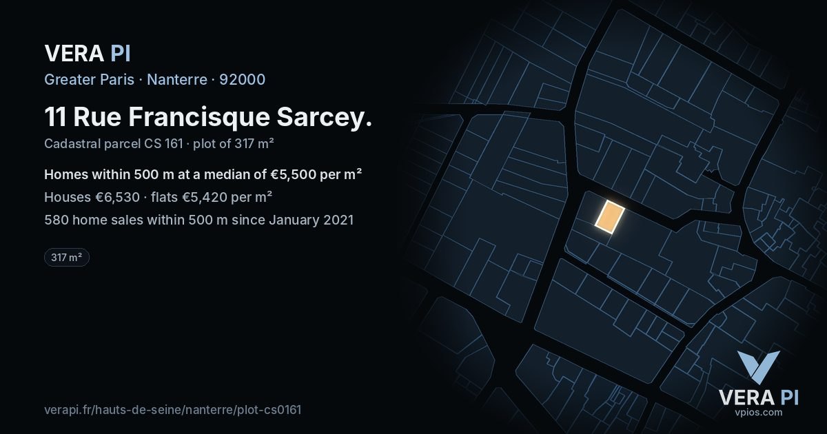 11 Rue Francisque Sarcey, Nanterre at night – the plot lit, the parcels around coloured by the prices near them