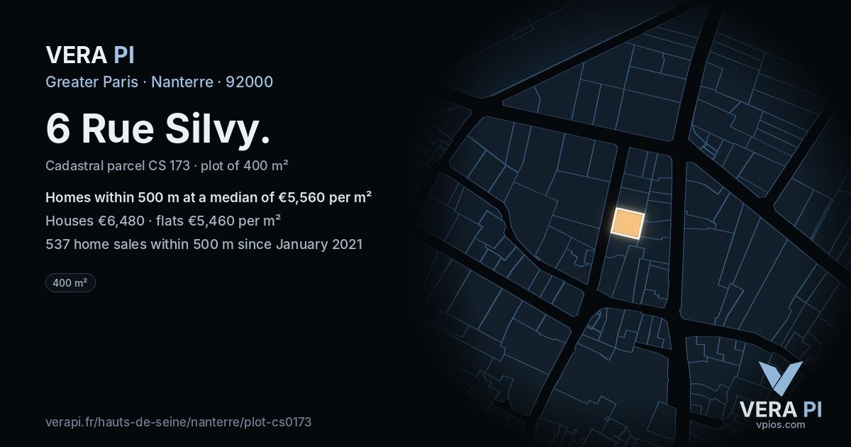 6 Rue Silvy, Nanterre at night – the plot lit, the parcels around coloured by the prices near them