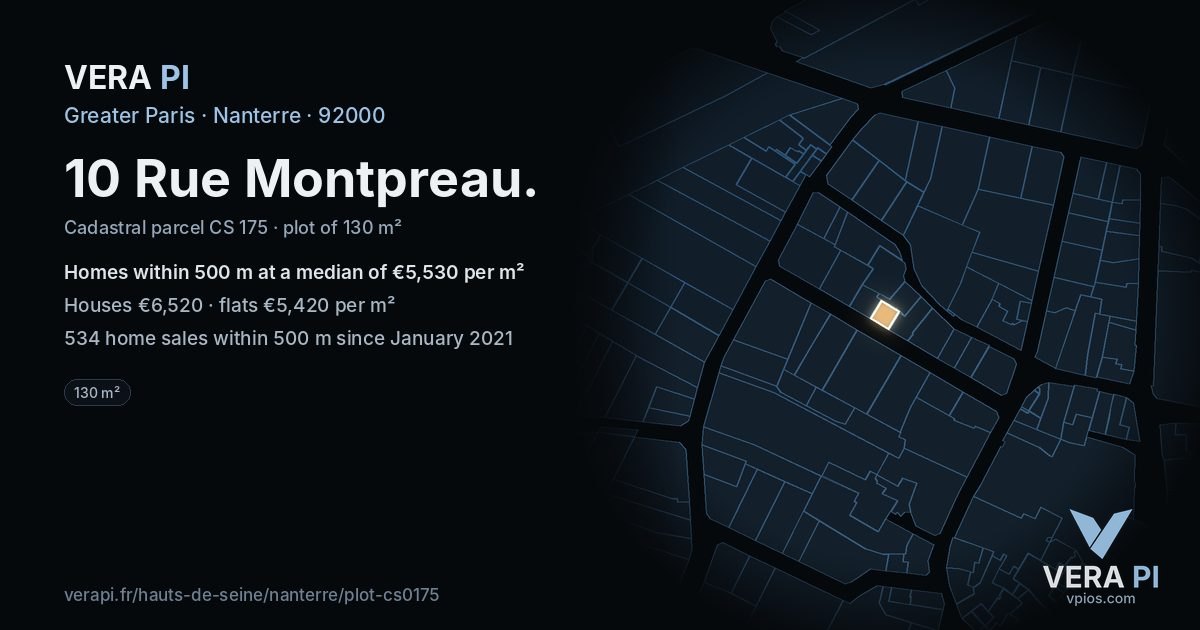 10 Rue Montpreau, Nanterre at night – the plot lit, the parcels around coloured by the prices near them