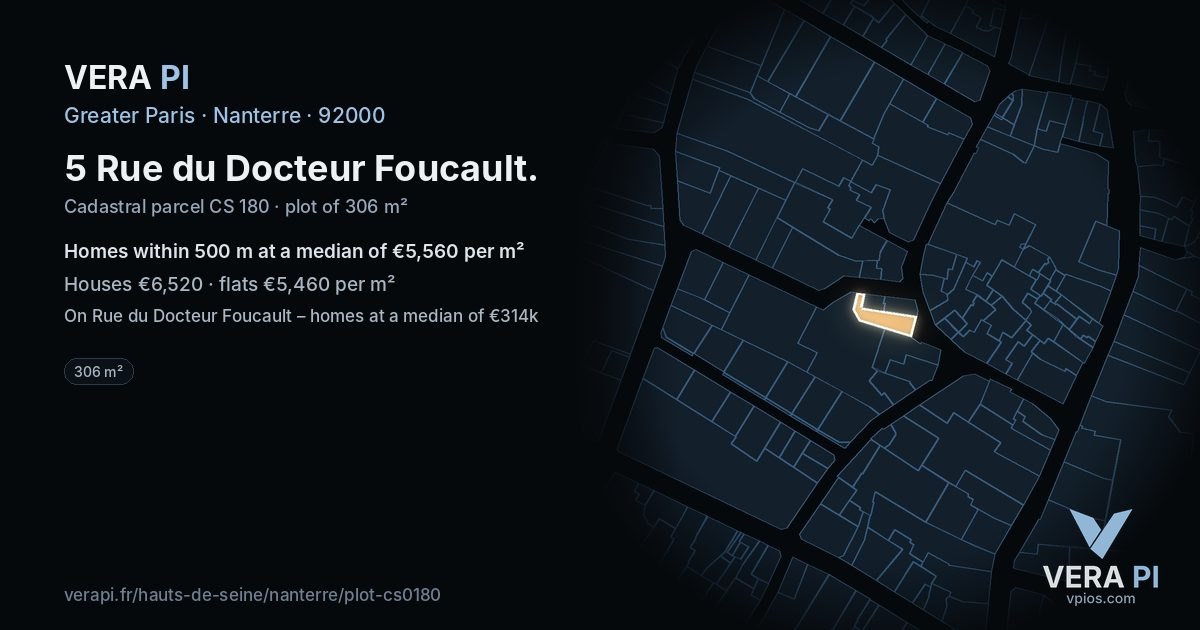 5 Rue du Docteur Foucault, Nanterre at night – the plot lit, the parcels around coloured by the prices near them