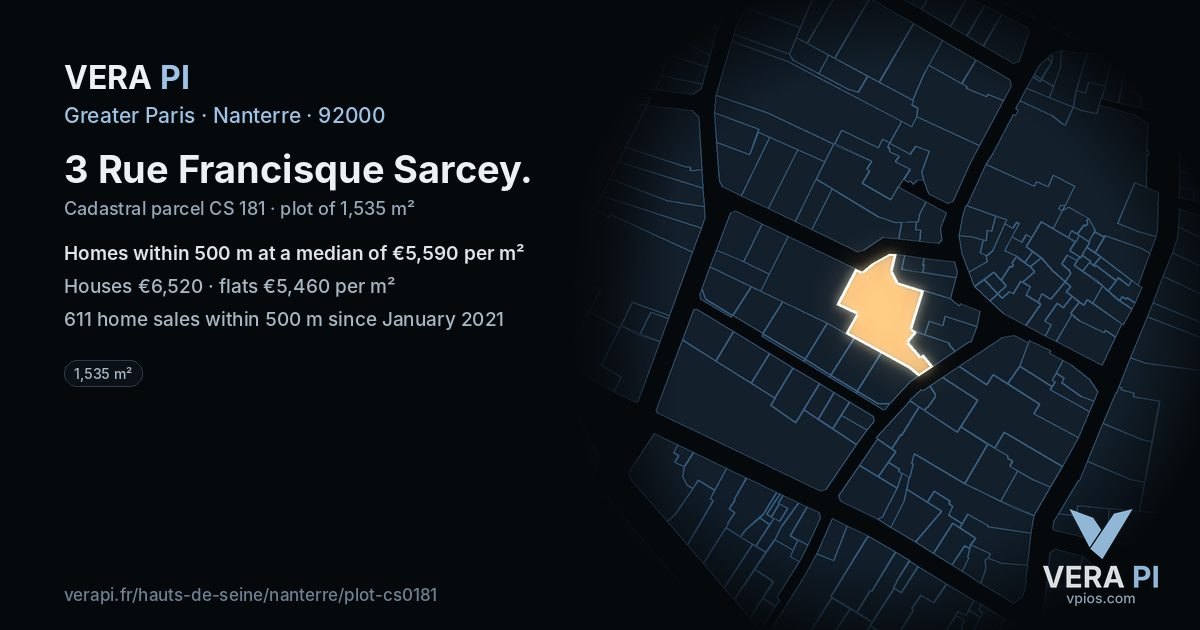 3 Rue Francisque Sarcey, Nanterre at night – the plot lit, the parcels around coloured by the prices near them