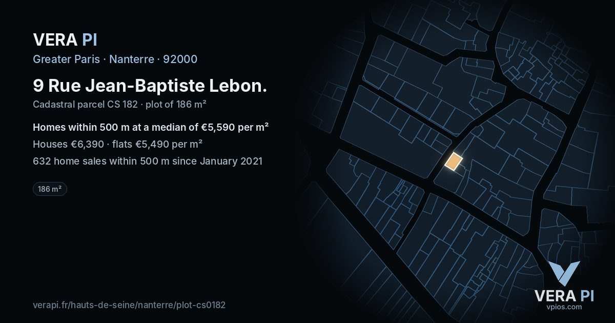 9 Rue Jean-Baptiste Lebon, Nanterre at night – the plot lit, the parcels around coloured by the prices near them