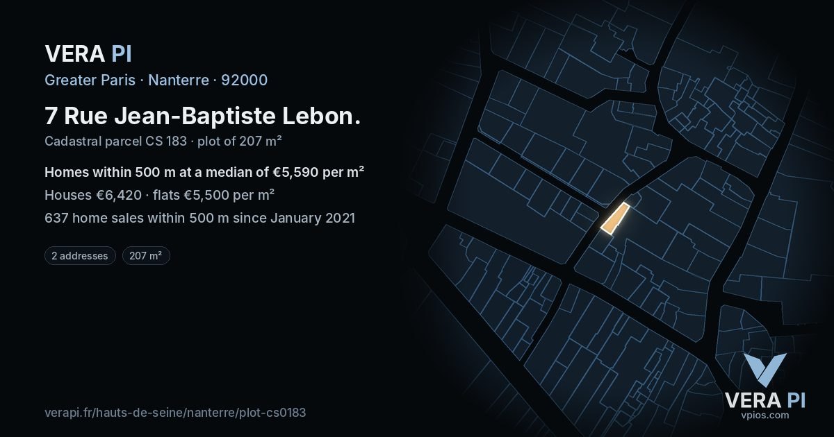 7 Rue Jean-Baptiste Lebon, Nanterre at night – the plot lit, the parcels around coloured by the prices near them