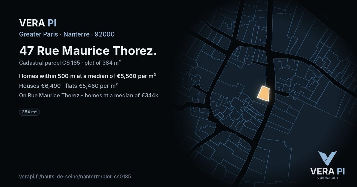 47 Rue Maurice Thorez, Nanterre at night – the plot lit, the parcels around coloured by the prices near them