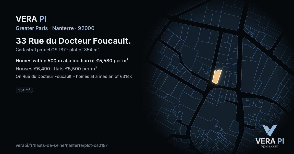 33 Rue du Docteur Foucault, Nanterre at night – the plot lit, the parcels around coloured by the prices near them