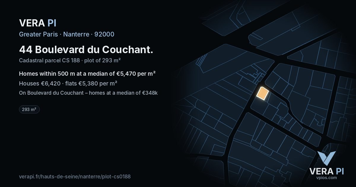 44 Boulevard du Couchant, Nanterre at night – the plot lit, the parcels around coloured by the prices near them