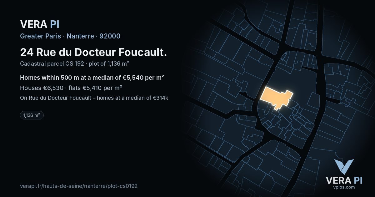 24 Rue du Docteur Foucault, Nanterre at night – the plot lit, the parcels around coloured by the prices near them