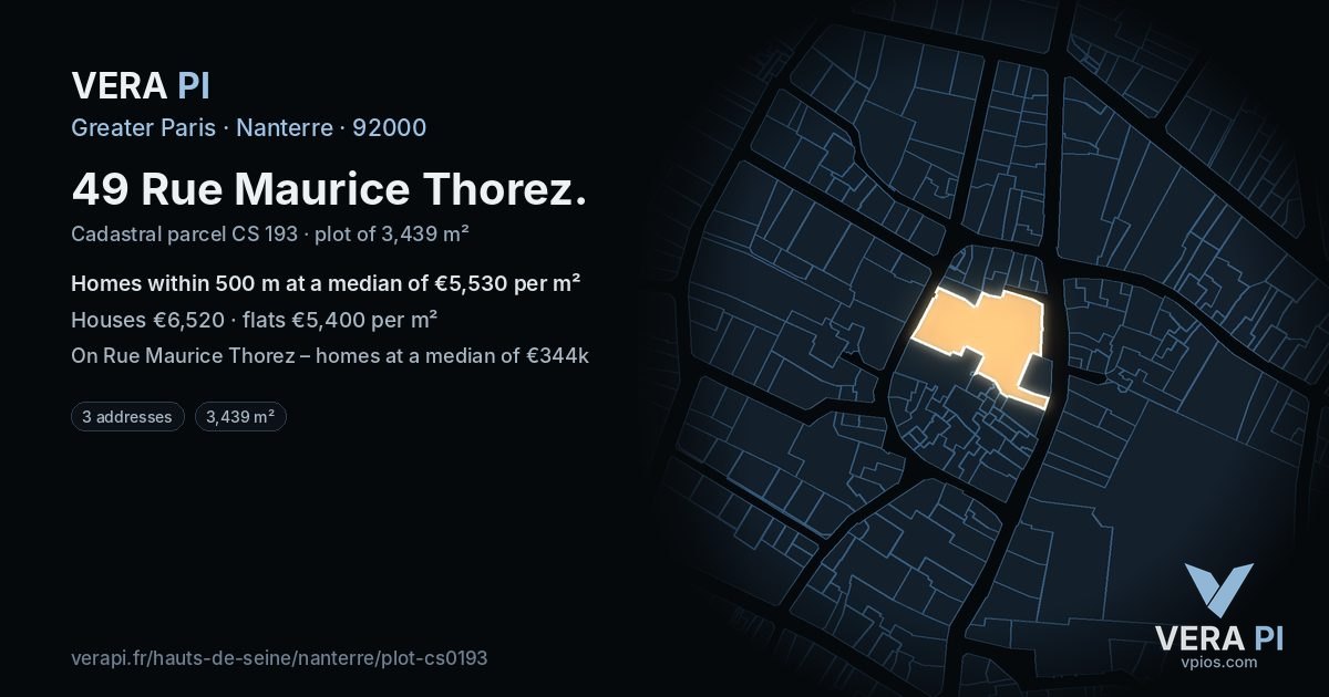 49 Rue Maurice Thorez, Nanterre at night – the plot lit, the parcels around coloured by the prices near them