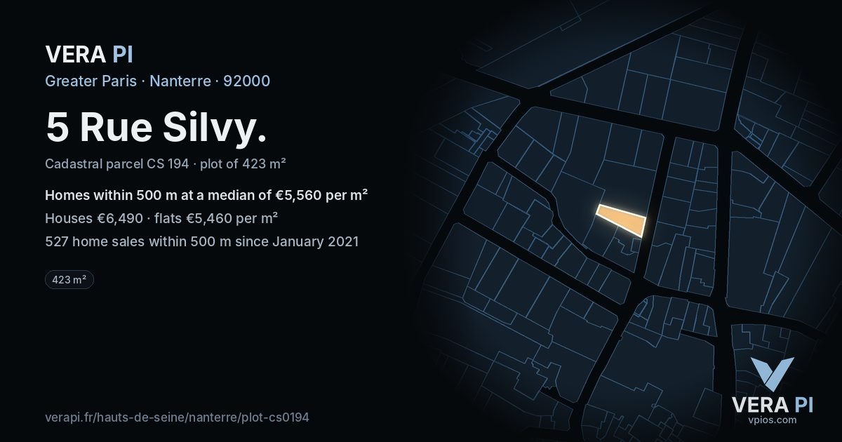 5 Rue Silvy, Nanterre at night – the plot lit, the parcels around coloured by the prices near them