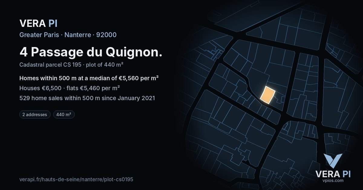 4 Passage du Quignon, Nanterre at night – the plot lit, the parcels around coloured by the prices near them