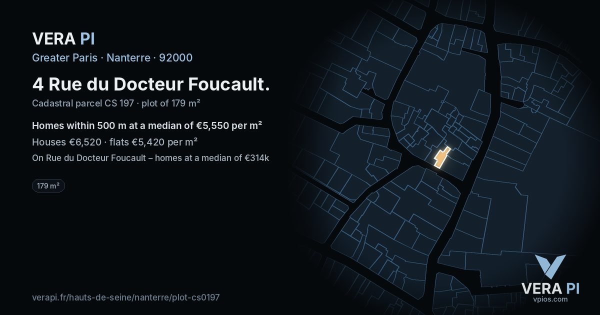 4 Rue du Docteur Foucault, Nanterre at night – the plot lit, the parcels around coloured by the prices near them
