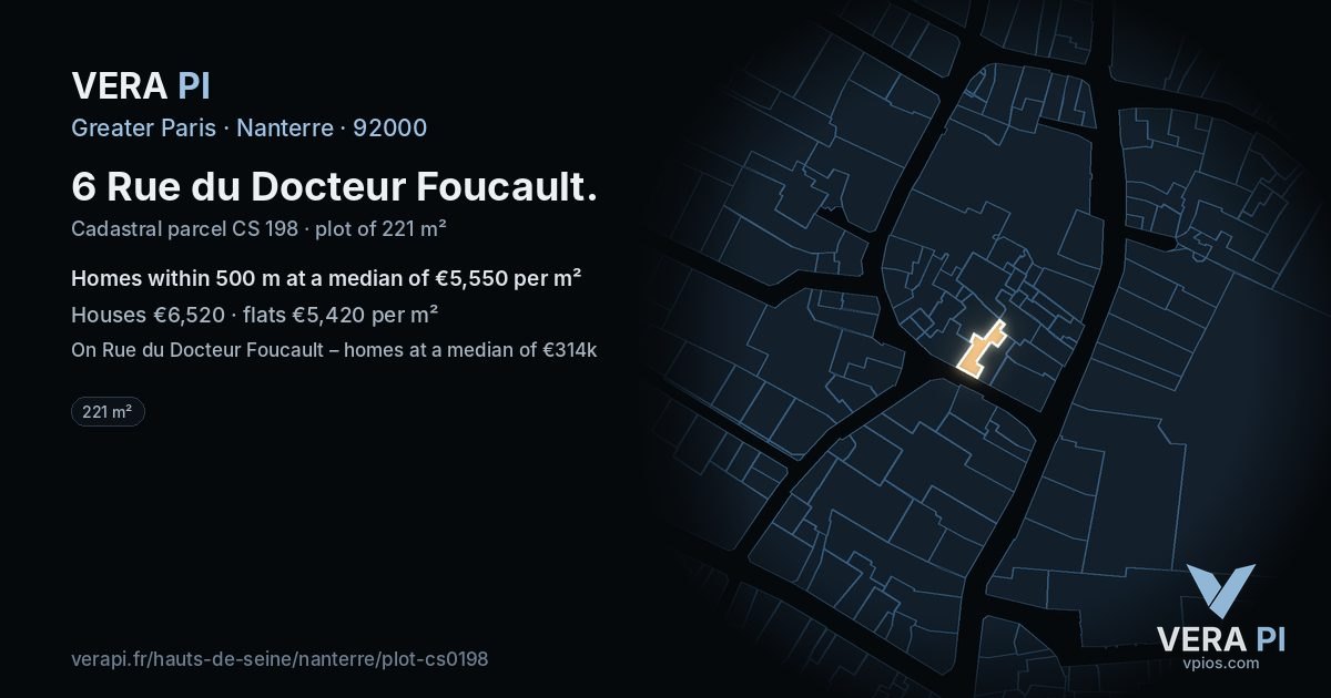6 Rue du Docteur Foucault, Nanterre at night – the plot lit, the parcels around coloured by the prices near them