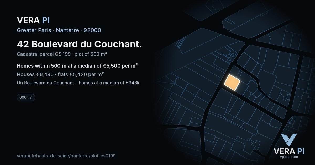 42 Boulevard du Couchant, Nanterre at night – the plot lit, the parcels around coloured by the prices near them