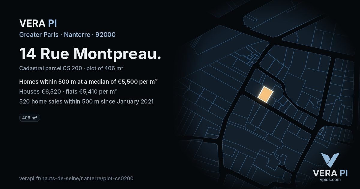 14 Rue Montpreau, Nanterre at night – the plot lit, the parcels around coloured by the prices near them