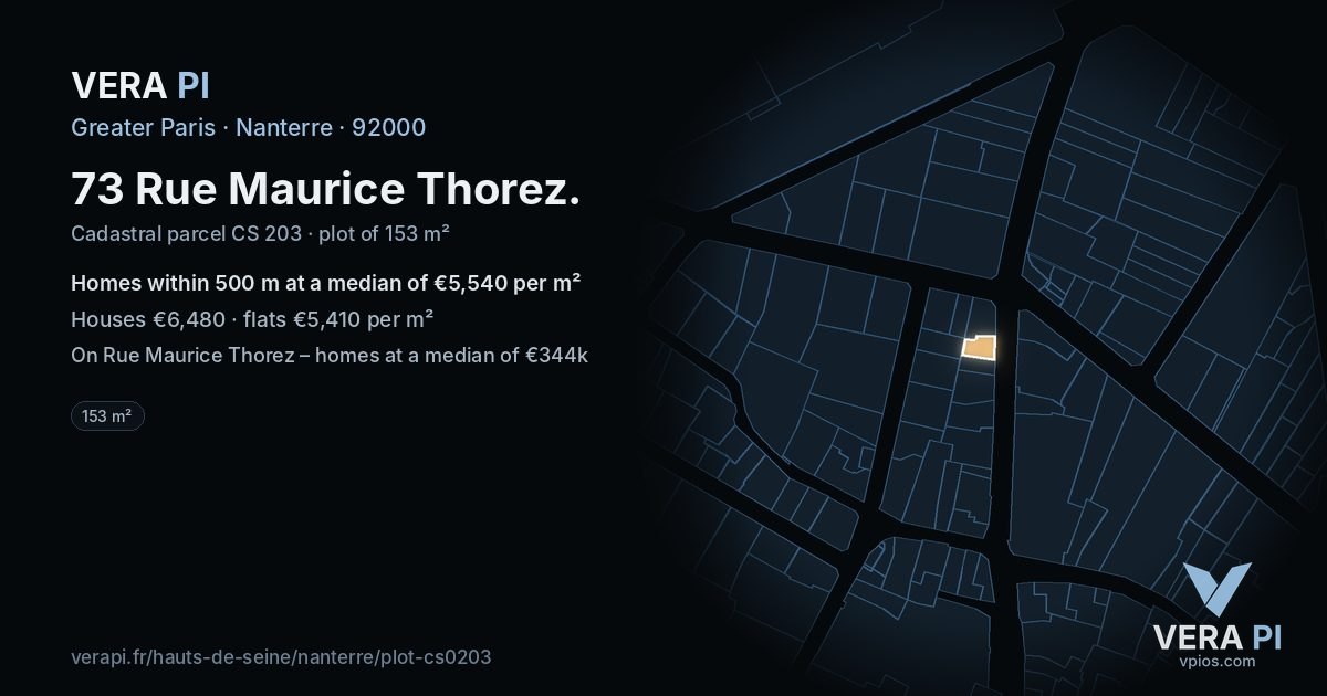 73 Rue Maurice Thorez, Nanterre at night – the plot lit, the parcels around coloured by the prices near them