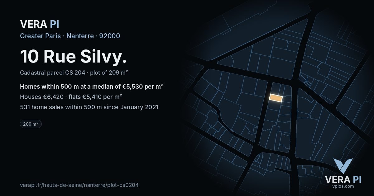 10 Rue Silvy, Nanterre at night – the plot lit, the parcels around coloured by the prices near them