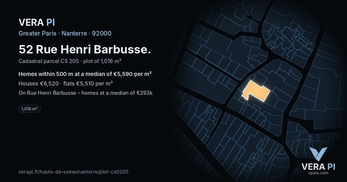 52 Rue Henri Barbusse, Nanterre at night – the plot lit, the parcels around coloured by the prices near them