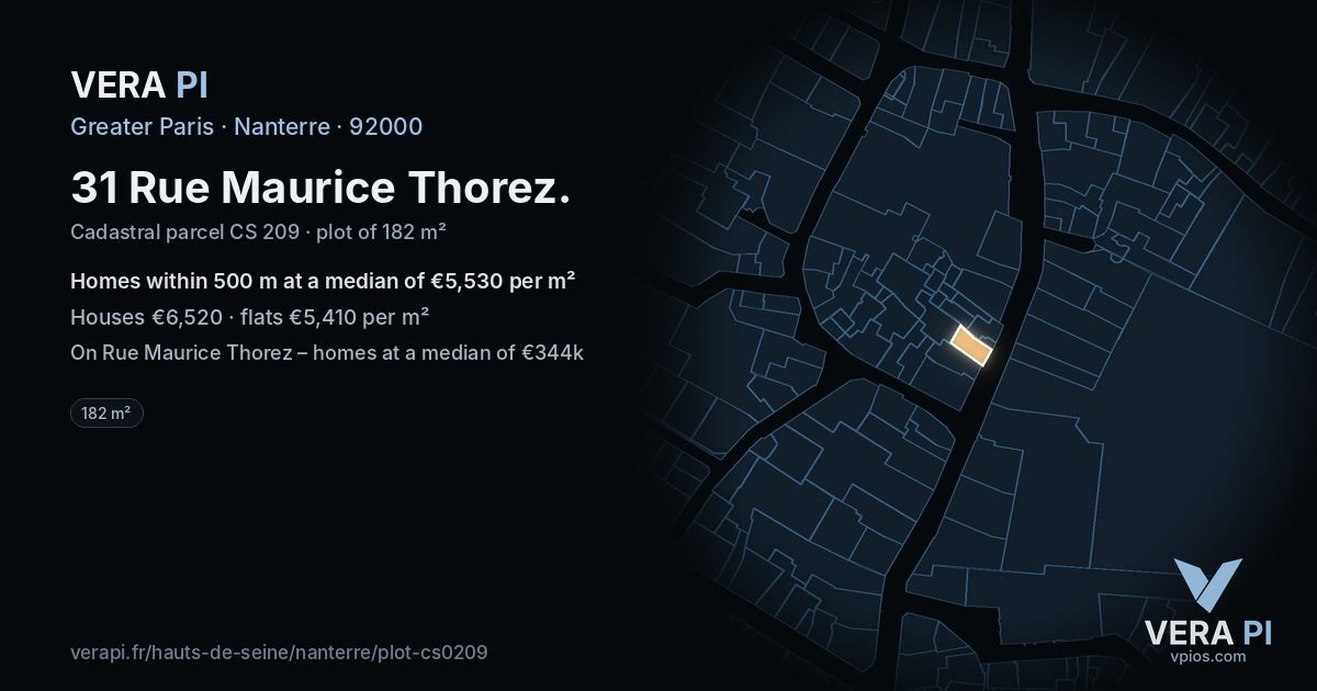 31 Rue Maurice Thorez, Nanterre at night – the plot lit, the parcels around coloured by the prices near them