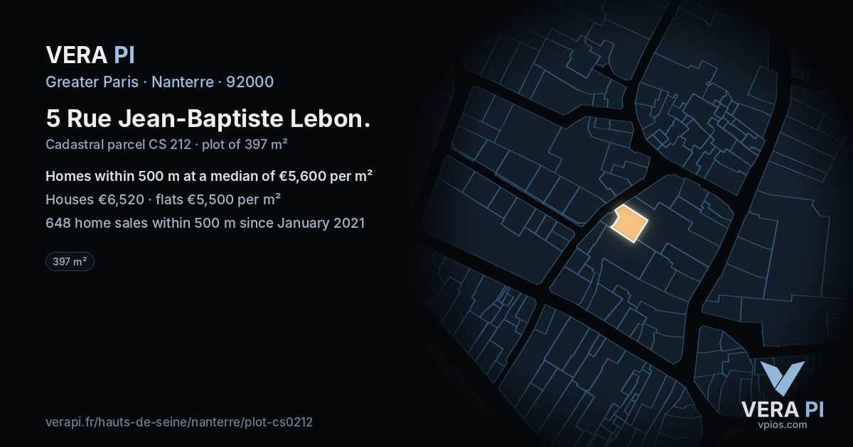 5 Rue Jean-Baptiste Lebon, Nanterre at night – the plot lit, the parcels around coloured by the prices near them