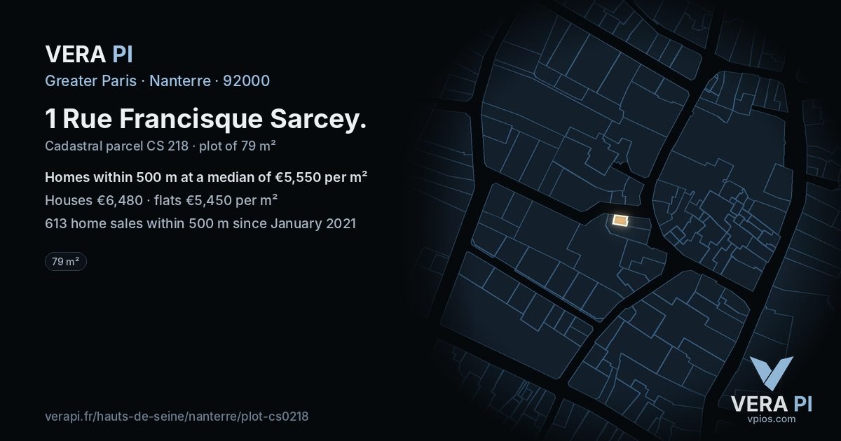 1 Rue Francisque Sarcey, Nanterre at night – the plot lit, the parcels around coloured by the prices near them