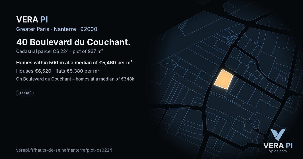 40 Boulevard du Couchant, Nanterre at night – the plot lit, the parcels around coloured by the prices near them