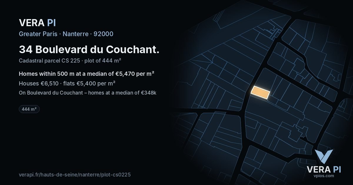 34 Boulevard du Couchant, Nanterre at night – the plot lit, the parcels around coloured by the prices near them