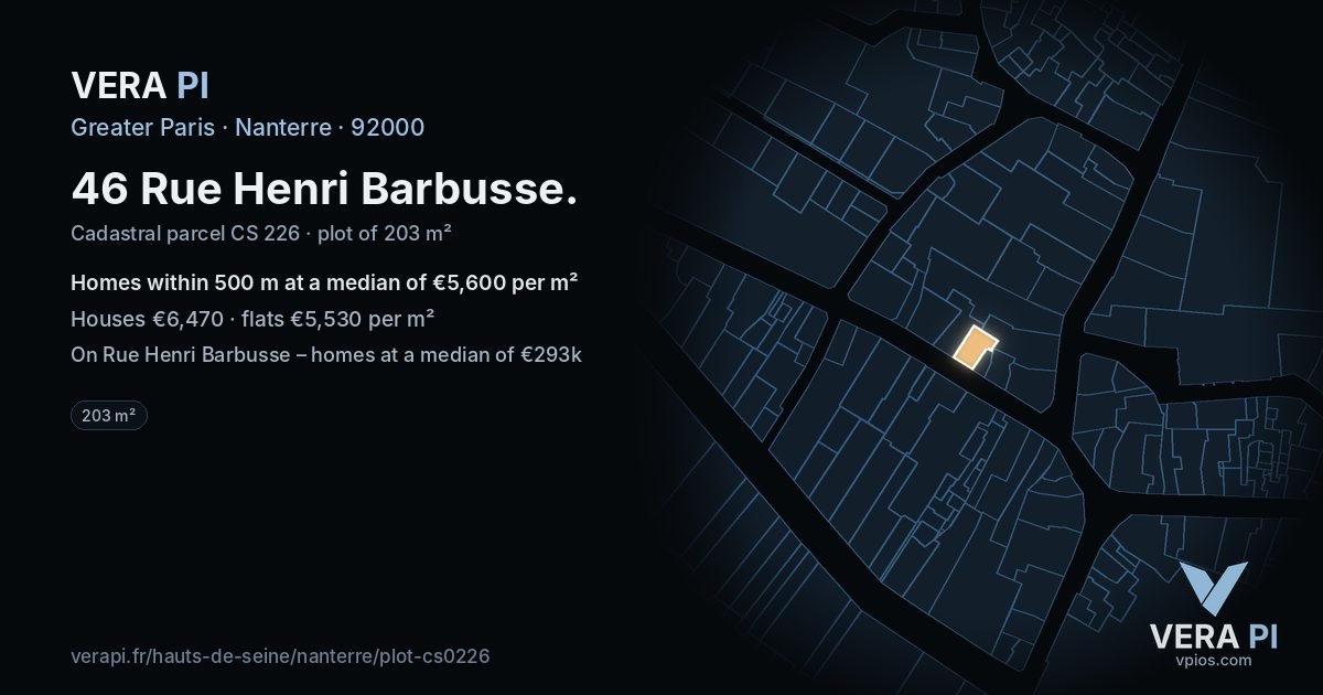 46 Rue Henri Barbusse, Nanterre at night – the plot lit, the parcels around coloured by the prices near them