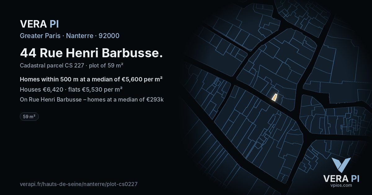 44 Rue Henri Barbusse, Nanterre at night – the plot lit, the parcels around coloured by the prices near them