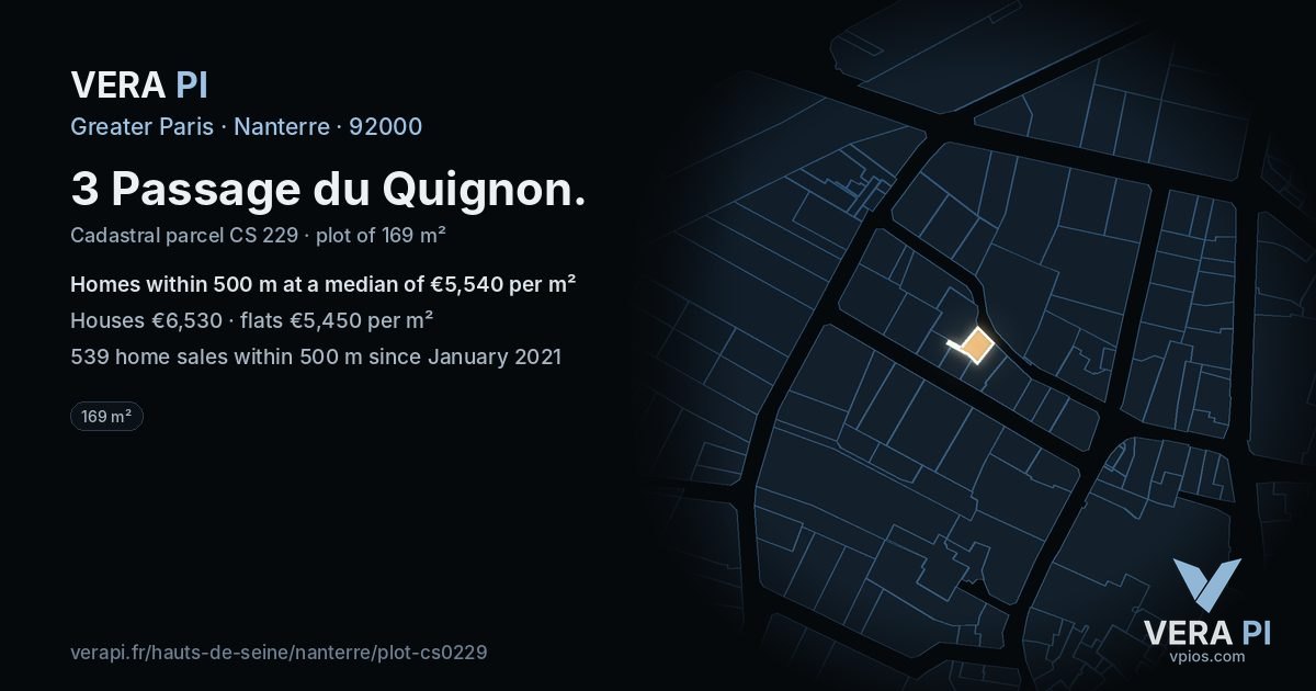 3 Passage du Quignon, Nanterre at night – the plot lit, the parcels around coloured by the prices near them