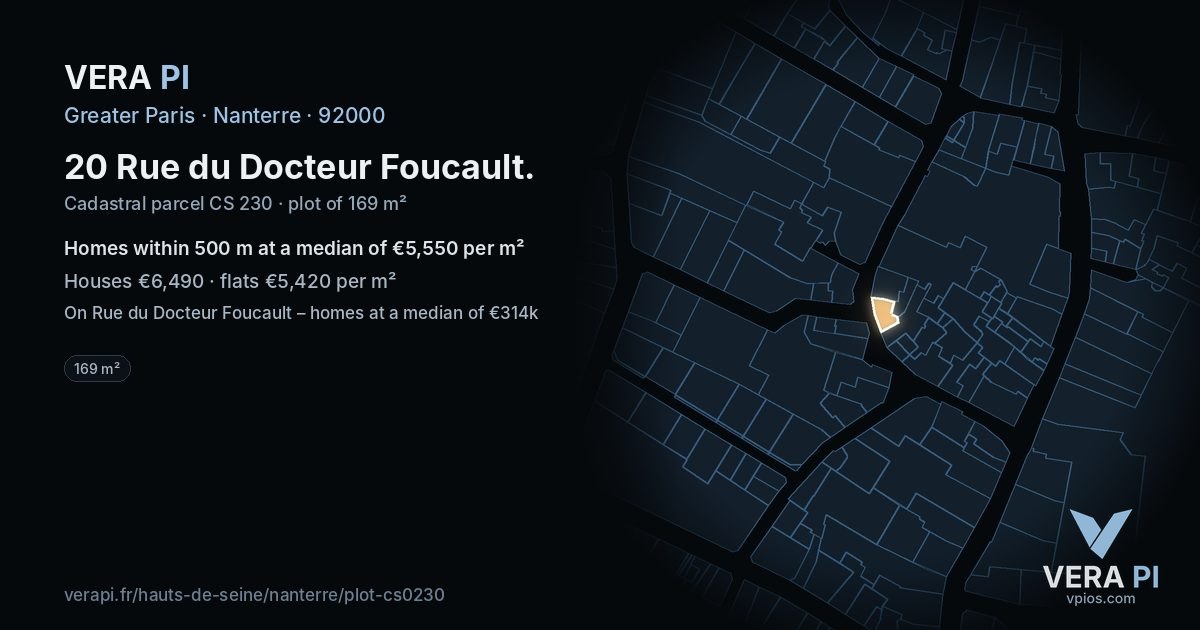 20 Rue du Docteur Foucault, Nanterre at night – the plot lit, the parcels around coloured by the prices near them