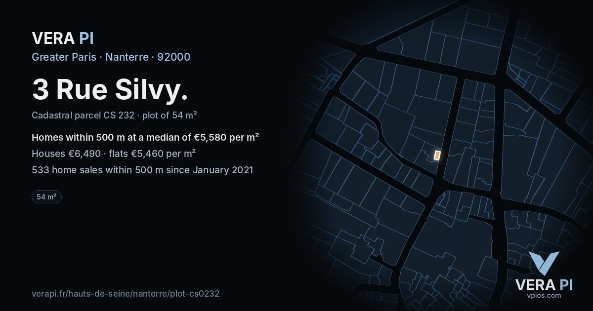 3 Rue Silvy, Nanterre at night – the plot lit, the parcels around coloured by the prices near them