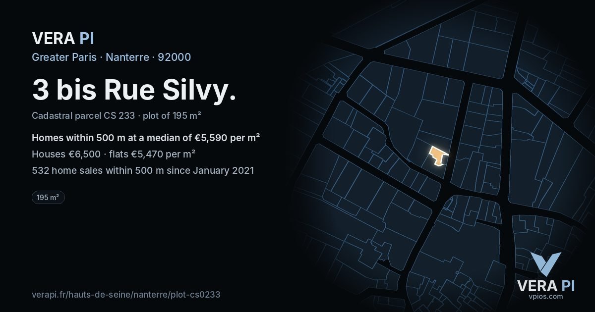 3 bis Rue Silvy, Nanterre at night – the plot lit, the parcels around coloured by the prices near them