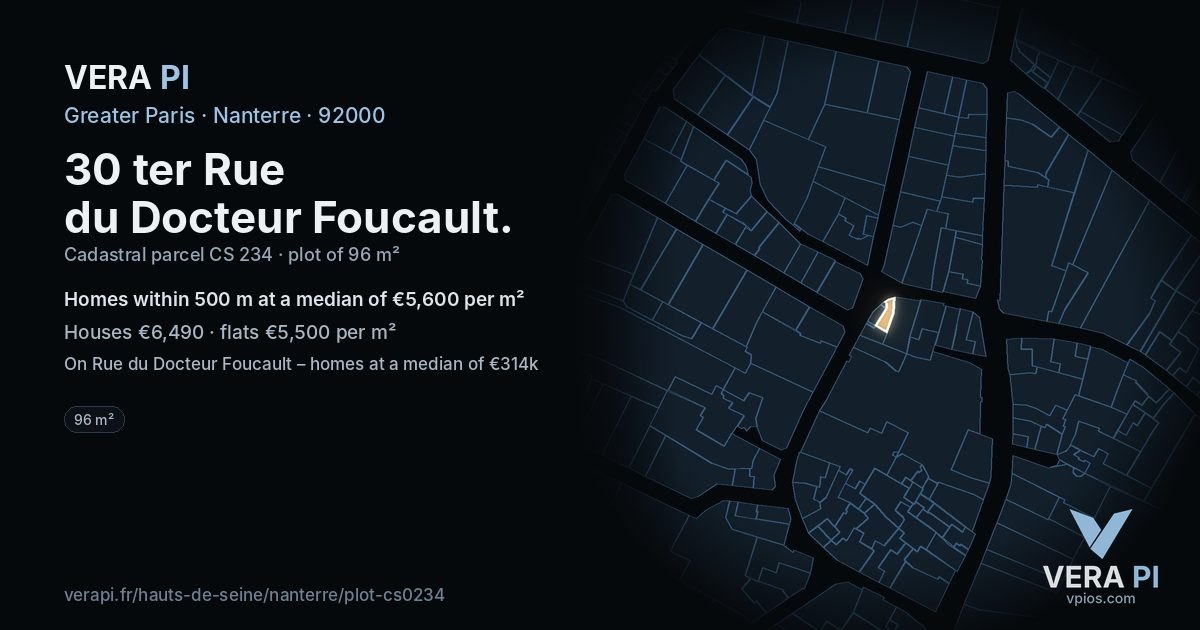 30 ter Rue du Docteur Foucault, Nanterre at night – the plot lit, the parcels around coloured by the prices near them