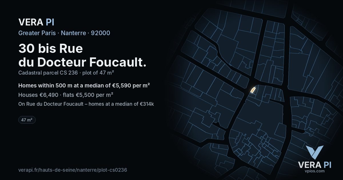 30 bis Rue du Docteur Foucault, Nanterre at night – the plot lit, the parcels around coloured by the prices near them