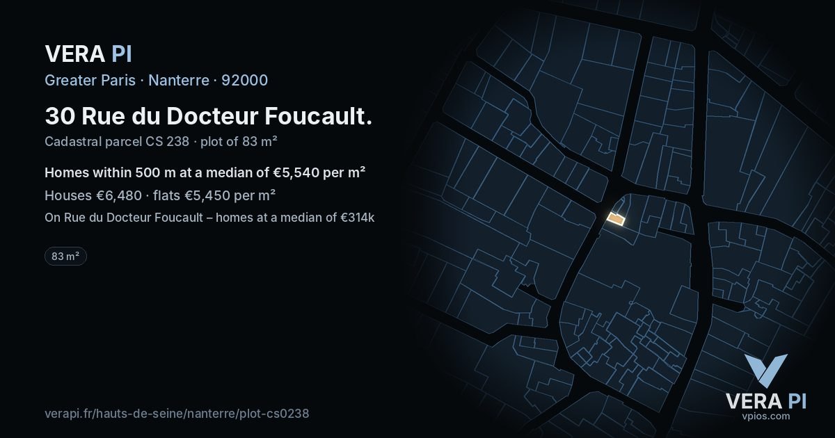 30 Rue du Docteur Foucault, Nanterre at night – the plot lit, the parcels around coloured by the prices near them
