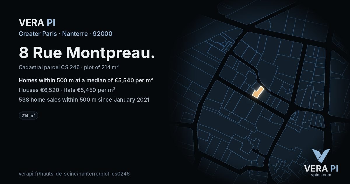 8 Rue Montpreau, Nanterre at night – the plot lit, the parcels around coloured by the prices near them