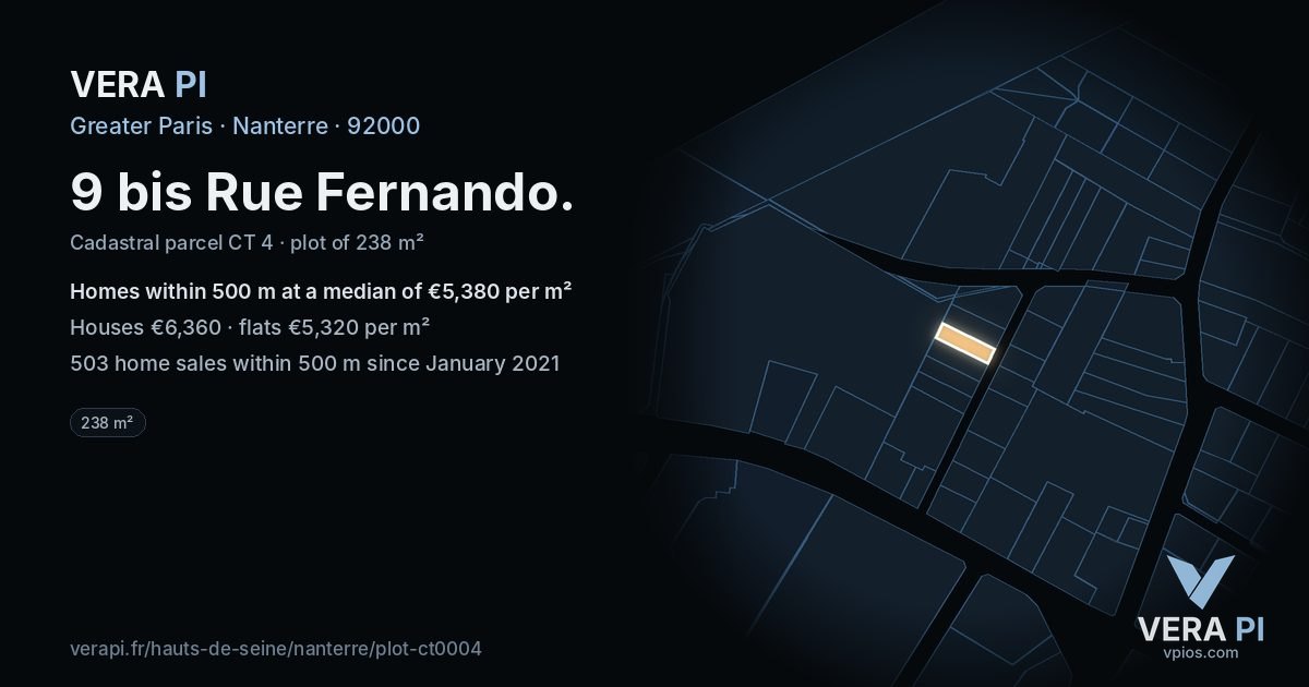 9 bis Rue Fernando, Nanterre at night – the plot lit, the parcels around coloured by the prices near them
