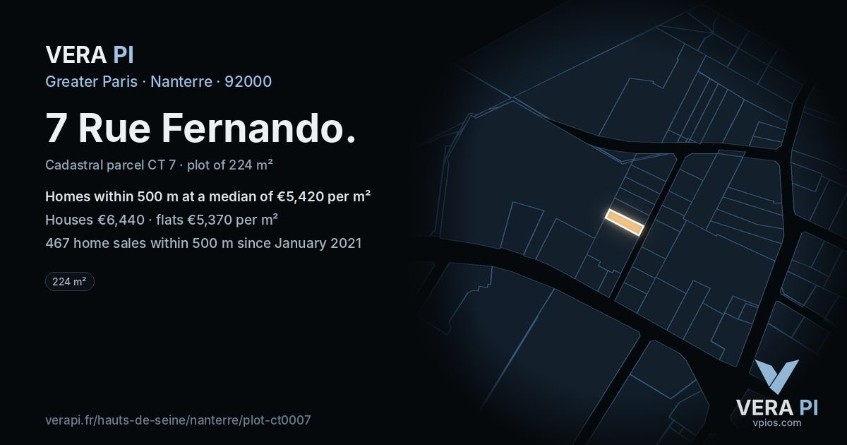 7 Rue Fernando, Nanterre at night – the plot lit, the parcels around coloured by the prices near them