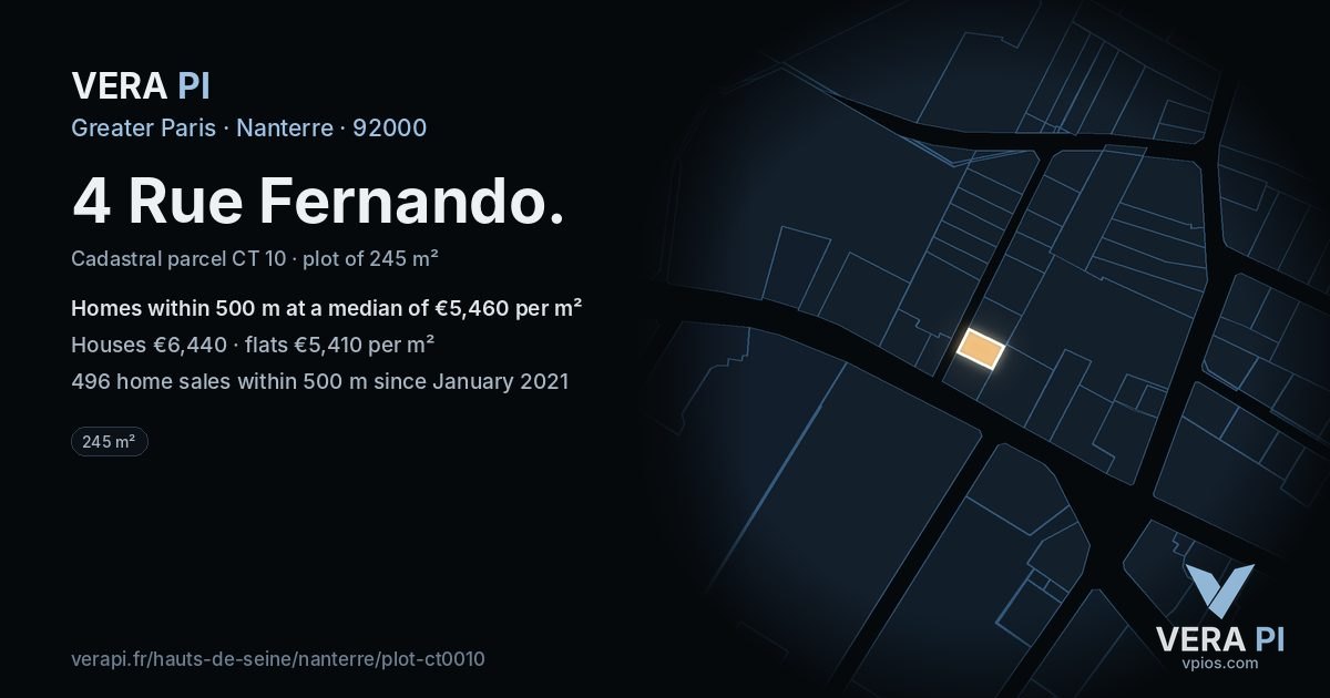 4 Rue Fernando, Nanterre at night – the plot lit, the parcels around coloured by the prices near them