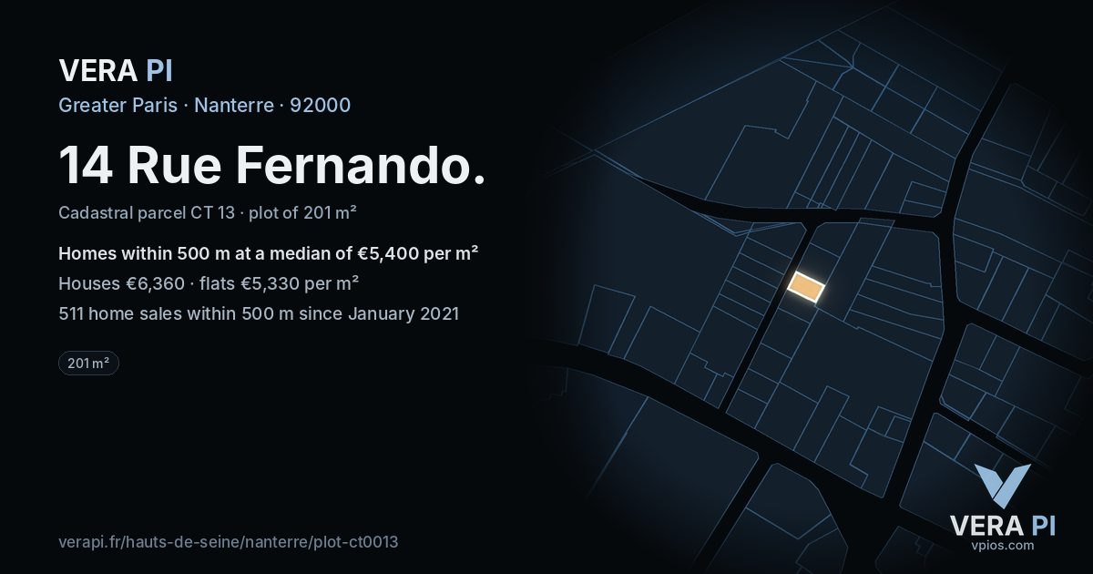 14 Rue Fernando, Nanterre at night – the plot lit, the parcels around coloured by the prices near them