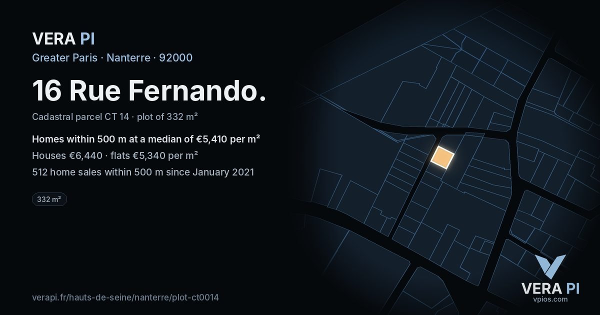 16 Rue Fernando, Nanterre at night – the plot lit, the parcels around coloured by the prices near them