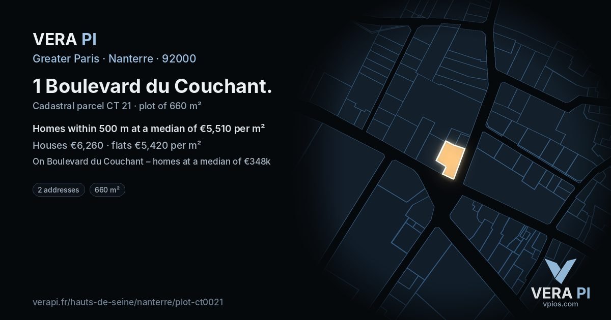 1 Boulevard du Couchant, Nanterre at night – the plot lit, the parcels around coloured by the prices near them