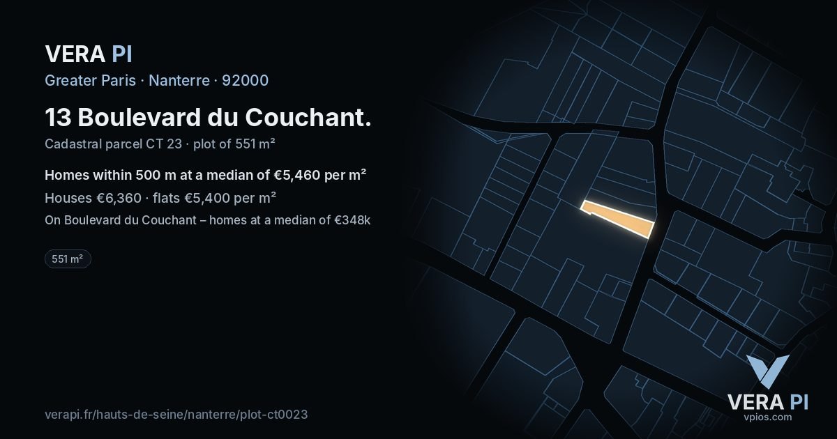 13 Boulevard du Couchant, Nanterre at night – the plot lit, the parcels around coloured by the prices near them