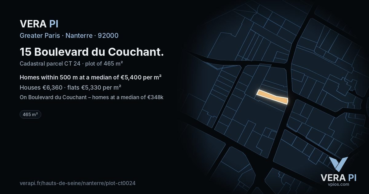 15 Boulevard du Couchant, Nanterre at night – the plot lit, the parcels around coloured by the prices near them