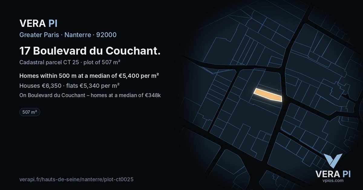 17 Boulevard du Couchant, Nanterre at night – the plot lit, the parcels around coloured by the prices near them